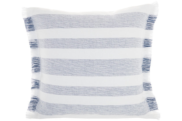 Refresh your room with the handcrafted, rustic appeal of this mina victory throw pillow in a nicely sized square. Its bold stripes are chambray-woven for a casual effect that works beautifully in so many settings, from modern farmhouse to eclectic urban loft. This reversible pillow is striped front and back in navy blue on white, with a zipper closure and a soft polyester insert. The removable cover is washable to keep that clean, fresh, country look.Handcrafted | Made of 100% cotton | Soft polyfill | Brush fringe border | Zipper closure | Imported | Machine wash