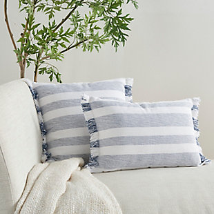 Refresh your room with the handcrafted, rustic appeal of this mina victory throw pillow in a nicely sized square. Its bold stripes are chambray-woven for a casual effect that works beautifully in so many settings, from modern farmhouse to eclectic urban loft. This reversible pillow is striped front and back in navy blue on white, with a zipper closure and a soft polyester insert. The removable cover is washable to keep that clean, fresh, country look.Handcrafted | Made of 100% cotton | Soft polyfill | Brush fringe border | Zipper closure | Imported | Machine wash