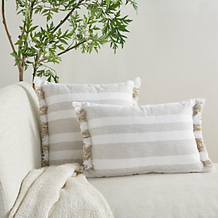 Refresh your room with the handcrafted, rustic appeal of this mina victory throw pillow in a nicely sized square. Its bold stripes are chambray-woven for a casual effect that works beautifully in so many settings, from modern farmhouse to eclectic urban loft. This reversible pillow is striped front and back in neutral taupe on white, with a zipper closure and a soft polyester insert. The removable cover is washable to keep that clean, fresh, country look.Handcrafted | Made of 100% cotton | Soft polyfill | Brush fringe border | Zipper closure | Imported | Machine wash