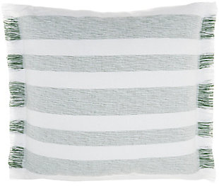 Refresh your room with the handcrafted, rustic appeal of this mina victory throw pillow in a nicely sized square. Its bold stripes are chambray-woven for a casual effect that works beautifully in so many settings, from modern farmhouse to eclectic urban loft. This reversible pillow is striped front and back in garden green on white, with a zipper closure and a soft polyester insert. The removable cover is washable to keep that clean, fresh, country look.Handcrafted | Made of 100% cotton | Soft polyfill | Brush fringe border | Zipper closure | Imported | Machine wash