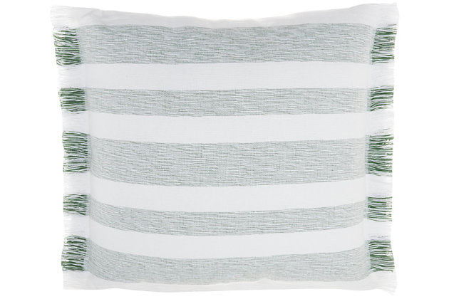 Refresh your room with the handcrafted, rustic appeal of this mina victory throw pillow in a nicely sized square. Its bold stripes are chambray-woven for a casual effect that works beautifully in so many settings, from modern farmhouse to eclectic urban loft. This reversible pillow is striped front and back in garden green on white, with a zipper closure and a soft polyester insert. The removable cover is washable to keep that clean, fresh, country look.Handcrafted | Made of 100% cotton | Soft polyfill | Brush fringe border | Zipper closure | Imported | Machine wash