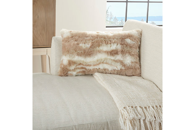 A glamorous pattern and plush texture are highlights of this luxurious faux angora throw pillow by mina victory. Amazingly soft faux rabbit fur in neutral beige tones adorns the front cover, making it the perfect accent piece to relax on after a long day. The accent pillow has a handcrafted acrylic front and solid polyester back, with a zipper closure for easy spot cleaning. Bring a warm, welcoming feeling to any room with this artistic creation.Handcrafted | 100% acrylic front; 100% polyester back | Faux fur | Soft polyfill | Zipper closure | Imported | Spot clean