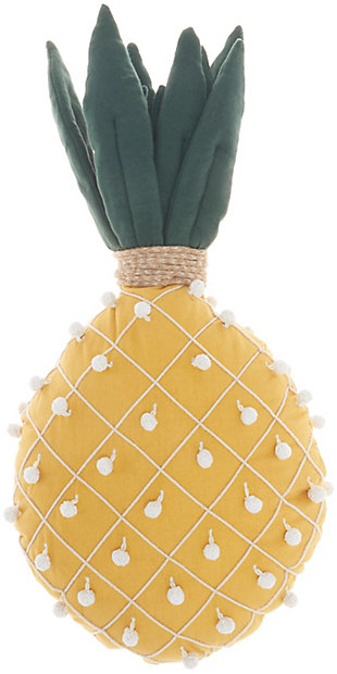 Add a fun and beachy island vibe to your sofa, bed or chair with this pineapple-shaped mina victory throw pillow. In this tropical design, a golden yellow cotton base is topped with a contemporary crown of three-dimensional green leaves. Sewn lattice and pom-pom details create a wonderfully textural effect, while a polyester fill provides hours of comfort and support.Handcrafted | Made of 100% cotton | Soft polyfill | Sewn lattice and pom-pom details | Zipper closure | Imported | Spot clean