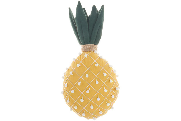 Add a fun and beachy island vibe to your sofa, bed or chair with this pineapple-shaped mina victory throw pillow. In this tropical design, a golden yellow cotton base is topped with a contemporary crown of three-dimensional green leaves. Sewn lattice and pom-pom details create a wonderfully textural effect, while a polyester fill provides hours of comfort and support.Handcrafted | Made of 100% cotton | Soft polyfill | Sewn lattice and pom-pom details | Zipper closure | Imported | Spot clean