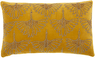 Art deco meets modern glam in this plush handmade mina victory lumbar pillow. Across its gold cotton cover, beaded floral motifs create a glamorous effect on your sofa, bed or chair. This lumbar pillow includes a springy polyester insert to help retain its rectangular shape, and a zipper closure for easy spot cleaning.Handcrafted | Made of 100% cotton | Soft polyfill | Zipper closure | Beaded floral motifs | Imported | Spot clean