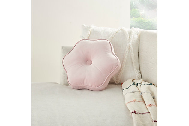 Toss a touch of elegant whimsy into your home with this delightfully soft throw pillow in a charming flower shape. Handcrafted with care, it features a plush cotton velvet cover in a delicate shade of blush pink, with contrasting piped trim around the edges and a pom-pom center. This creation from the mina victory sofia collection is ideal for any cozy couch or chair where you want to relax in comfort and style.Handcrafted | Made of 100% cotton | Soft polyfill | Flower shape | Contrasting piped edges | Center pom-pom | Imported | Spot clean