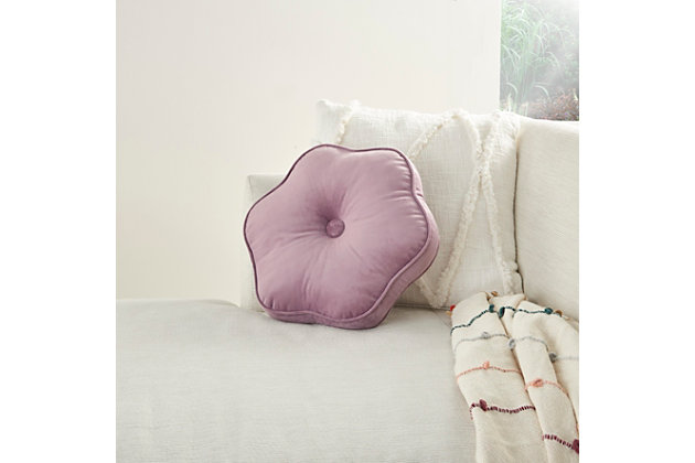 Toss a touch of elegant whimsy into your home with this delightfully soft throw pillow in a charming flower shape. Handcrafted with care, it features a plush cotton velvet cover in a delicate shade of lavender, with contrasting piped trim around the edges and a pom-pom center. This creation from the mina victory sofia collection is ideal for any cozy couch or chair where you want to relax in comfort and style.Handcrafted | Made of 100% cotton | Soft polyfill | Flower shape | Contrasting piped edges | Center pom-pom | Imported | Spot clean