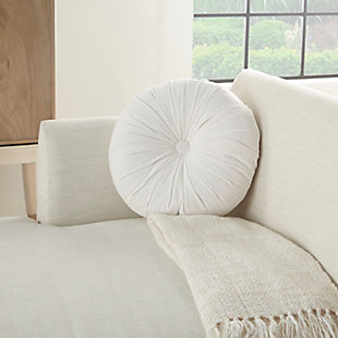 Indulge in the velvety-soft texture of this round throw pillow by mina victory. Its ruched cotton cover gives your living room or bedroom a beautiful and refined look. Crafted in a solid cream color, it fits seamlessly in boho-modern styles of decor. Toss this luxurious pillow on your sofa or bed for an instant uplift in elegance, or on the floor with other accent pillows for an extra comfy cushion. Includes zipper closure.Handcrafted | Made of 100% cotton; tufted cover | Soft polyfill | Zipper closure | Imported | Spot clean