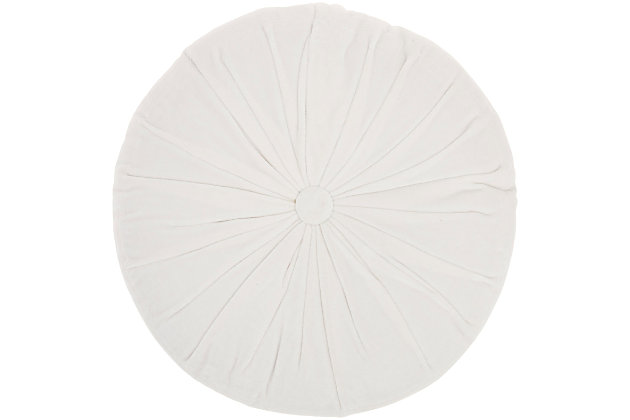 Indulge in the velvety-soft texture of this round throw pillow by mina victory. Its ruched cotton cover gives your living room or bedroom a beautiful and refined look. Crafted in a solid cream color, it fits seamlessly in boho-modern styles of decor. Toss this luxurious pillow on your sofa or bed for an instant uplift in elegance, or on the floor with other accent pillows for an extra comfy cushion. Includes zipper closure.Handcrafted | Made of 100% cotton; tufted cover | Soft polyfill | Zipper closure | Imported | Spot clean
