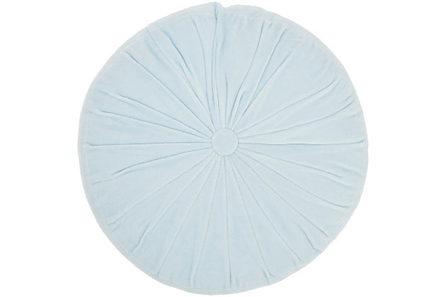 Indulge in the velvety-soft texture of this round throw pillow by mina victory. Its ruched cotton cover gives your living room or bedroom a beautiful and refined look. Crafted in a sky blue tone, it fits seamlessly in boho-modern styles of decor. Toss this luxurious pillow on your sofa or bed for an instant uplift in elegance, or on the floor with other accent pillows for an extra comfy cushion. Includes zipper closure.Handcrafted | Made of 100% cotton; tufted cover | Soft polyfill | Zipper closure | Imported | Spot clean