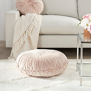 Indulge in the plush texture of this round throw pillow by mina victory. Its pintucked cover, finished with a center button on both sides, is crafted of velvet-like viscose for a look that is elegant in its simplicity. Handmade in a blush pink tone, it complements a variety of styles, from boho modern to glam and contemporary. Toss this luxurious pillow on your sofa or bed for an instant style uplift, or coordinate with the matching floor cushion and pouf.Handcrafted | Made of 100% viscose; pintucked cover | Soft polyfill | Finished with a center button on both sides | Imported | Spot clean
