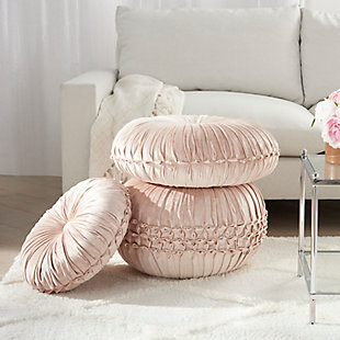 Indulge in the plush texture of this round throw pillow by mina victory. Its pintucked cover, finished with a center button on both sides, is crafted of velvet-like viscose for a look that is elegant in its simplicity. Handmade in a blush pink tone, it complements a variety of styles, from boho modern to glam and contemporary. Toss this luxurious pillow on your sofa or bed for an instant style uplift, or coordinate with the matching floor cushion and pouf.Handcrafted | Made of 100% viscose; pintucked cover | Soft polyfill | Finished with a center button on both sides | Imported | Spot clean