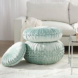 Indulge in the plush texture of this round throw pillow by mina victory. Its pintucked cover, finished with a center button on both sides, is crafted of velvet-like viscose for a look that is elegant in its simplicity. Handmade in a celadon green tone, it complements a variety of styles, from boho modern to glam and contemporary. Toss this luxurious pillow on your sofa or bed for an instant style uplift, or coordinate with the matching floor cushion and pouf.Handcrafted | Made of 100% viscose; pintucked cover | Soft polyfill | Finished with a center button on both sides | Imported | Spot clean