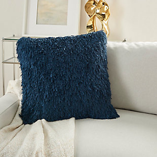 This funky shag pillow is the easiest way to add texture and a fresh style to any room. With its navy blue hue and ultra-plush texture, this modern mina victory throw pillow offers premier comfort and style. Elegant in its simplicity, its solid-toned face is handcrafted of soft, ribbon-style polyester shag with a velvety-soft polyester back. Includes a removable polyester insert.Handcrafted | Made of 100% polyester | Removable soft polyfill insert | Zipper closure | Imported | Spot clean