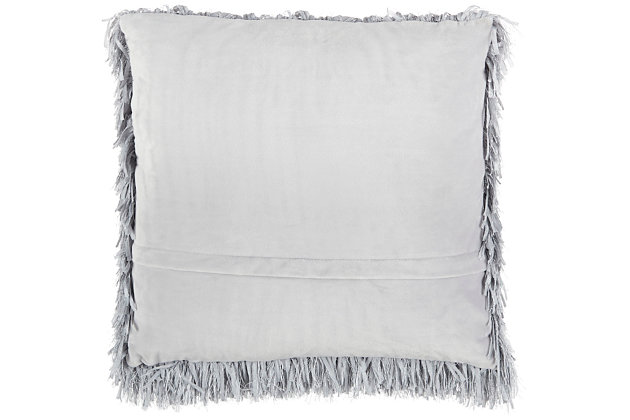 This funky shag pillow is the easiest way to add texture and a fresh style to any room. With its light gray hue and ultra-plush texture, this modern mina victory throw pillow offers premier comfort and style. Elegant in its simplicity, its solid-toned face is handcrafted of soft, ribbon-style polyester shag with a velvety-soft polyester back. Includes a removable polyester insert.Handcrafted | Made of 100% polyester | Removable soft polyfill insert | Zipper closure | Imported | Spot clean