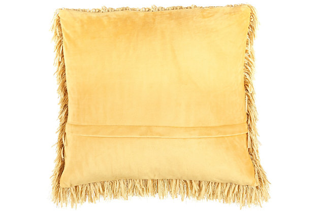 This funky shag pillow is the easiest way to add texture and a fresh style to any room. With its yellow hue and ultra-plush texture, this modern mina victory throw pillow offers premier comfort and style. Elegant in its simplicity, its solid-toned face is handcrafted of soft, ribbon-style polyester shag with a velvety-soft polyester back. Includes a removable polyester insert.Handcrafted | Made of 100% polyester | Removable soft polyfill insert | Zipper closure | Imported | Spot clean