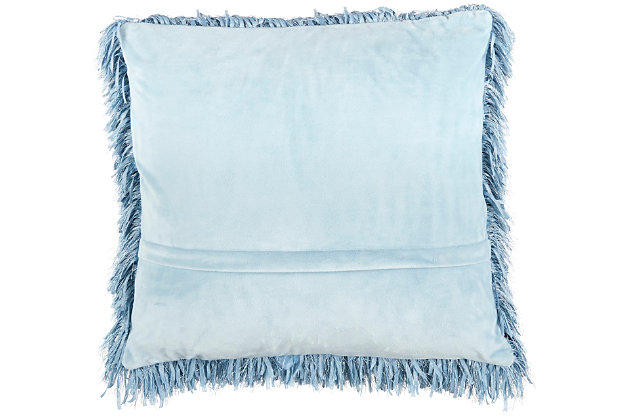 This funky shag pillow is the easiest way to add texture and a fresh style to any room. With its ocean blue hue and ultra-plush texture, this modern mina victory throw pillow offers premier comfort and style. Elegant in its simplicity, its solid-toned face is handcrafted of soft, ribbon-style polyester shag with a velvety-soft polyester back. Includes a removable polyester insert.Handcrafted | Made of 100% polyester | Removable soft polyfill insert | Zipper closure | Imported | Spot clean