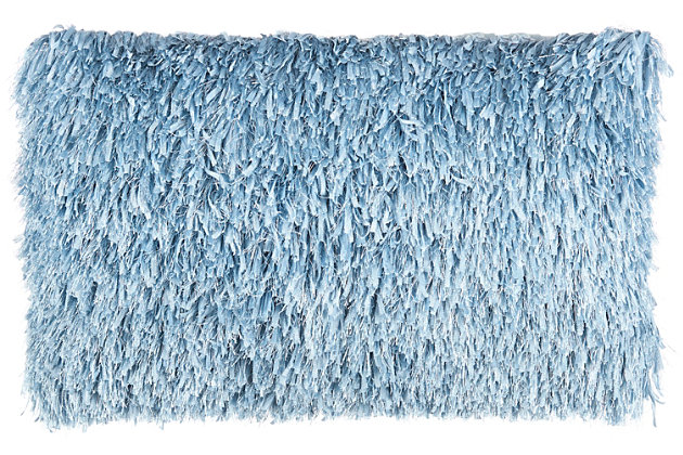 This funky shag pillow is the easiest way to add texture and a fresh style to any room. With its ocean blue hue and ultra-plush texture, this modern mina victory lumbar pillow offers premier comfort and style. Elegant in its simplicity, its solid-toned face is handcrafted of soft, ribbon-style polyester shag with a velvety-soft polyester back. Includes a removable polyester insert.Handcrafted | Made of 100% polyester | Removable soft polyfill insert | Zipper closure | Imported | Spot clean