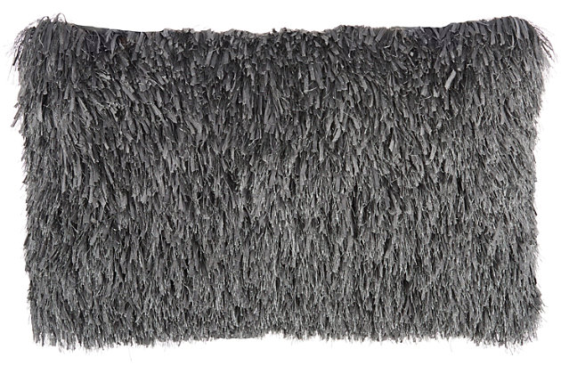 This funky shag pillow is the easiest way to add texture and a fresh style to any room. With its charcoal gray hue and ultra-plush texture, this modern mina victory lumbar pillow offers premier comfort and style. Elegant in its simplicity, its solid-toned face is handcrafted of soft, ribbon-style polyester shag with a velvety-soft polyester back. Includes a removable polyester insert.Handcrafted | Made of 100% polyester | Removable soft polyfill insert | Zipper closure | Imported | Spot clean