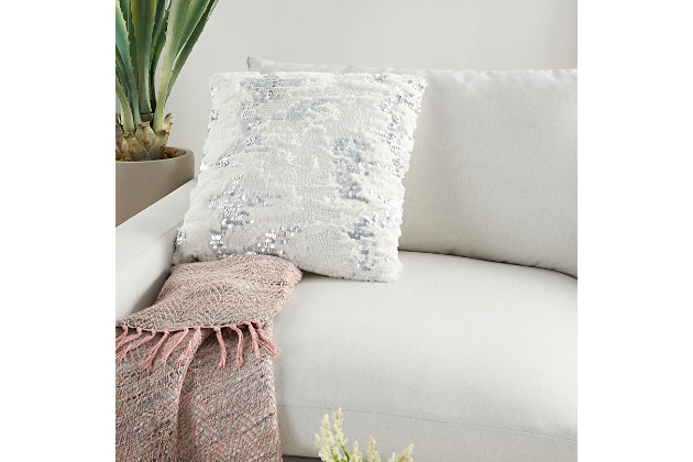 Go glam with two home decor trends in this faux fur accent pillow embellished with sequins. An exclusive look from the mina victory sofia collection, this square fluffy throw pillow is handcrafted for sparkling style and cozy comfort. It's a fun addition to your pillow mix.Handcrafted | Made of 100% polyester | Soft polyfill | Faux fur front with sequins | Zipper closure | Imported | Spot clean