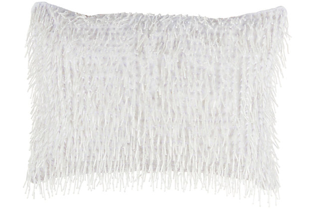 Jewelry for your rooms. The classic shag design is reimagined in this beaded tassel lumbar pillow from mina victory home accents. On its polyester face, white sequins and strings of beads create a delightfully textured effect. This contemporary pillow is handmade in a rectangle and includes a removable polyester insert with zipper closure.Handcrafted | Made of 100% cotton | Removable soft polyfill insert | Finished with white sequins and beads | Pattern appears on face only | Zipper closure | Imported | Spot clean