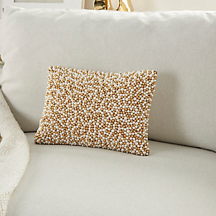 Jewelry for your rooms. Take your decor to the next level by tossing this mina victory lumbar pillow onto your couch or chair. Its polyester cover is covered in shimmering goldtone and ivory faux pearls for a look that is ultra-luxe. This glam lumbar pillow is handmade of polyester and includes a removable polyester insert with zipper closure.Handcrafted | Made of 100% polyester | Soft polyfill insert | Covered in goldtone and ivory faux pearls | Pattern appears on face only | Zipper closure | Imported | Spot clean