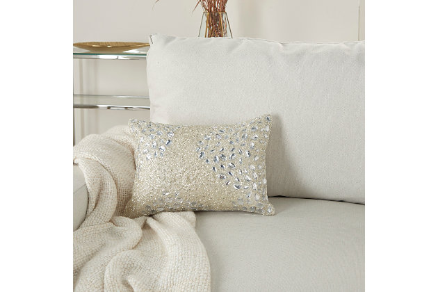Jewelry for your rooms. Dazzling, creative, and positively bold, this glam lumbar pillow from mina victory home accents dresses up the look of any room with ease. Its cover, adorned with silvertone-gray beads and faux crystals, gives your couch or chair a brilliant appearance. This contemporary rectangular throw pillow includes a hidden zipper closure so that you can easily remove the polyfill insert for spot cleaning. Handmade with polyester front cover and cotton back cover.Handcrafted | 100% polyester front cover; 100% cotton back cover | Removable soft polyfill insert | Adorned with silvertone-gray beads and faux crystals | Beaded pattern appears on face only | Zipper closure | Imported | Spot clean