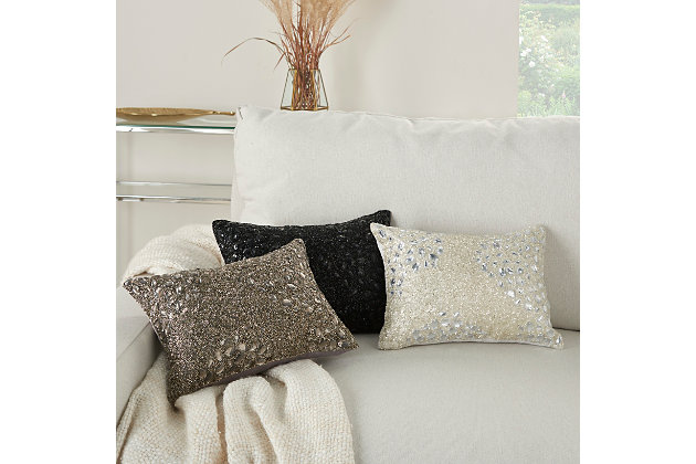 Jewelry for your rooms. Dazzling, creative, and positively bold, this glam lumbar pillow from mina victory home accents dresses up the look of any room with ease. Its cover, adorned with silvertone-gray beads and faux crystals, gives your couch or chair a brilliant appearance. This contemporary rectangular throw pillow includes a hidden zipper closure so that you can easily remove the polyfill insert for spot cleaning. Handmade with polyester front cover and cotton back cover.Handcrafted | 100% polyester front cover; 100% cotton back cover | Removable soft polyfill insert | Adorned with silvertone-gray beads and faux crystals | Beaded pattern appears on face only | Zipper closure | Imported | Spot clean