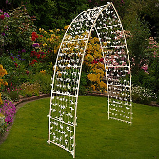 This pre-lit floral archway is the perfect way to add sparkle and glow to any garden party or wedding setting. The elegant frame design is lightweight, durable and weather-resistant. The easy-to-assemble archway is perfect for your special day or every day. A set of of 500 lights drapes over the arch, offering eight different functions for you to choose and customize your special lighted look. The archway has simple assembly instructions, and all required hardware is included. It will make a beautiful garden backdrop for weddings, anniversaries, parties and more. Archway decor can be enjoyed both indoors and outdoors. Metal stakes are included for secure outdoor ground placement. Use as a garden arbor and add these gorgeous floral lights to any special event.Complete 500-light set of floral curtain lights with built-in 8-function controller, zip ties, metal archway and ground stakes | Benefits of LED bulbs: long-lasting, energy-efficient light bulbs; low radiated heat and reliable lighting; never worry about a burned-out bulb | 8 function modes (steady on/off, combination, sequential, slow glo, chasing/flash, slow fade, twinkle flash, waves) | UL Listed for indoor or outdoor use | Assembly required