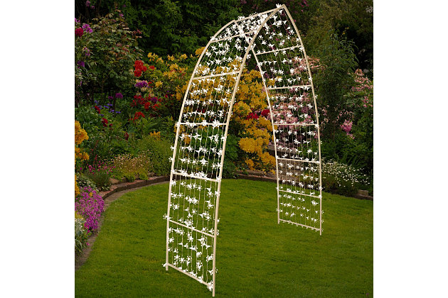 This pre-lit floral archway is the perfect way to add sparkle and glow to any garden party or wedding setting. The elegant frame design is lightweight, durable and weather-resistant. The easy-to-assemble archway is perfect for your special day or every day. A set of of 500 lights drapes over the arch, offering eight different functions for you to choose and customize your special lighted look. The archway has simple assembly instructions, and all required hardware is included. It will make a beautiful garden backdrop for weddings, anniversaries, parties and more. Archway decor can be enjoyed both indoors and outdoors. Metal stakes are included for secure outdoor ground placement. Use as a garden arbor and add these gorgeous floral lights to any special event.Complete 500-light set of floral curtain lights with built-in 8-function controller, zip ties, metal archway and ground stakes | Benefits of LED bulbs: long-lasting, energy-efficient light bulbs; low radiated heat and reliable lighting; never worry about a burned-out bulb | 8 function modes (steady on/off, combination, sequential, slow glo, chasing/flash, slow fade, twinkle flash, waves) | UL Listed for indoor or outdoor use | Assembly required