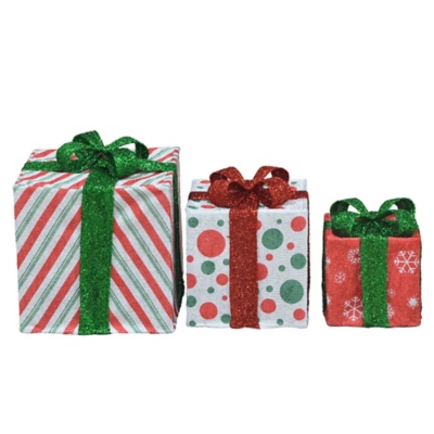 Candy Cane Lane 8 10 12In CCL 3D Pre-Lit Yard Art Presents Red Stripe Dot Snowflake/Green Red Bow/Printed/Nested, Multi