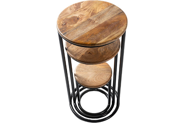 Merging crisp, clean lines with beautiful finishing and a modern design, this set of three nesting accent tables is sure to beautify your nest. Whether placed next to a sofa, a favorite chair or gracing an entryway, this three-in-one table set is one modern high-style option.Set of 3 | Made of metal and wood | Wood tabletop with brown finish | Black metal frame | Nesting design | Indoor use only | Clean with soft, dry cloth | Assembly required