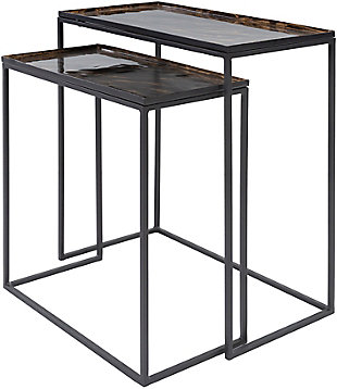 The enduring presentation of modern form in this set of nesting tables will completely revitalize your decor space. Handcrafted to create a certain atmospheric sophistication, these tables are sure to beautify your nest.Set of 2 | Made of metal | Metal tabletop with goldtone finish | Metal frame with black finish | Nesting design | Indoor use only | Clean with soft, dry cloth | Assembly required