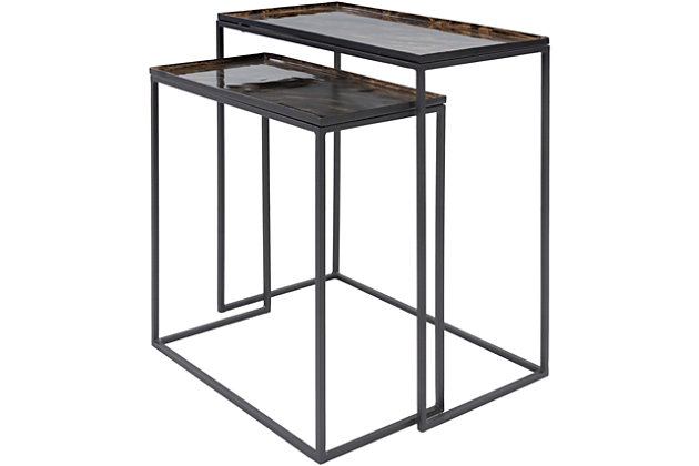 The enduring presentation of modern form in this set of nesting tables will completely revitalize your decor space. Handcrafted to create a certain atmospheric sophistication, these tables are sure to beautify your nest.Set of 2 | Made of metal | Metal tabletop with goldtone finish | Metal frame with black finish | Nesting design | Indoor use only | Clean with soft, dry cloth | Assembly required