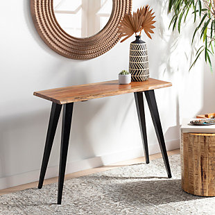 Embodying modern design and appeal, this console table redefines vintage charm with kiln-dried construction exuding natural ambience and grace. The metal legs and wood seat offer an effortless and tasteful look and a simple shape, adding minimalistic style to any space.Made of metal and wood | Wood seat with brown finish | Metal legs with black finish | Indoor use only | Clean with soft, dry cloth | Assembly required