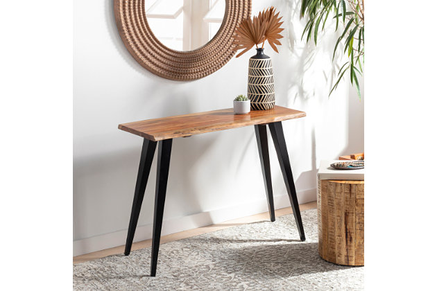 Embodying modern design and appeal, this console table redefines vintage charm with kiln-dried construction exuding natural ambience and grace. The metal legs and wood seat offer an effortless and tasteful look and a simple shape, adding minimalistic style to any space.Made of metal and wood | Wood seat with brown finish | Metal legs with black finish | Indoor use only | Clean with soft, dry cloth | Assembly required