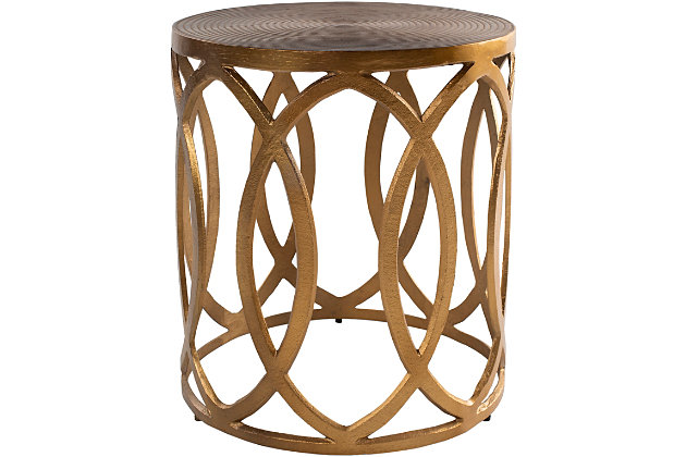 If you’ve been holding out for a boho-chic look that’s delightfully unique, this handcrafted round end table is clearly worth waiting for. Brass-tone metal rings are topped with a sculpted metal tabletop, for a masterfully modern look with minimal fuss.Made of metal | Handcrafted | Frame and tabletop with brass-tone finish | Indoor use only | Clean with soft, dry cloth | Assembly required