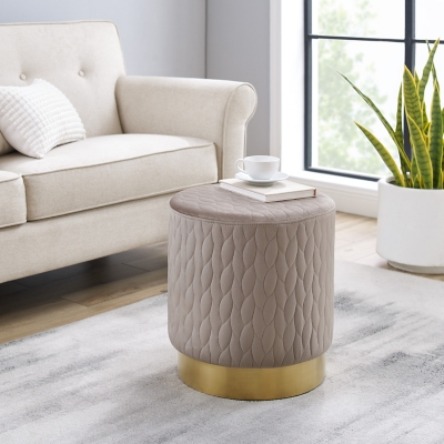 Linon Lennie Round Upholstered Stool Ottoman, , rollover