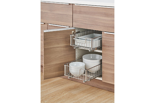 TRINITY's Sliding Wire Drawers (2-pack) are a great addition to any kitchen or storage area. Add these to any 13" or wider cabinet and get instant pull-out access to your items. These drawers add convenience, accessibility, and visibility to all your items. Two pairs of slides are included and all hardware is provided for mounting in a cabinet or on a wire shelf.Chrome | Sliding drawers (2-pack) | Drawers can be attached to cabinets (both kitchen and bath) 13" or wider | Drawers can be attached to wire shelving 18" deep | Weight capacity on slides (evenly distributed): 50 lb total weight | (2) - Pair of 15.75" long slides | Mounting hardware included