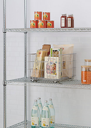 TRINITY's Sliding Wire Basket is a great addition to any kitchen or storage area. Add this basket to any 13" or wider cabinet and get instant pull-out access to your items. This basket will add convenience, accessibility, and visibility to all your items.  One pair of slides is included and all hardware is provided for mounting in a cabinet or on a wire shelf.Chrome | Basket can be attached to cabinets (both kitchen and bath) 13" or wider | Basket can be attached to wire shelving 18" deep | Weight capacity on slides (evenly distributed): 50 lb total weight | (1) - Pair of 15.75" long slides | Mounting hardware included