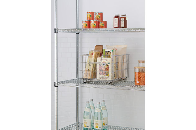 TRINITY's Sliding Wire Basket is a great addition to any kitchen or storage area. Add this basket to any 13" or wider cabinet and get instant pull-out access to your items. This basket will add convenience, accessibility, and visibility to all your items.  One pair of slides is included and all hardware is provided for mounting in a cabinet or on a wire shelf.Chrome | Basket can be attached to cabinets (both kitchen and bath) 13" or wider | Basket can be attached to wire shelving 18" deep | Weight capacity on slides (evenly distributed): 50 lb total weight | (1) - Pair of 15.75" long slides | Mounting hardware included