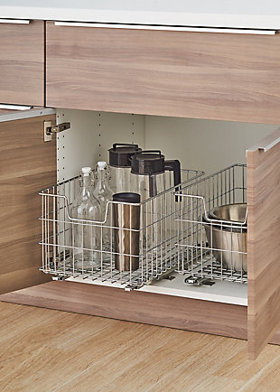 TRINITY's Sliding Wire Basket is a great addition to any kitchen or storage area. Add this basket to any 13" or wider cabinet and get instant pull-out access to your items. This basket will add convenience, accessibility, and visibility to all your items.  One pair of slides is included and all hardware is provided for mounting in a cabinet or on a wire shelf.Chrome | Sliding Wire Basket (2-pack) | Basket can be attached to cabinets (both kitchen and bath) 13" or wider | Basket can be attached to wire shelving 18" deep | Weight capacity on slides (evenly distributed): 50 lb total weight | (1) - Pair of 15.75" long slides | Mounting hardware included
