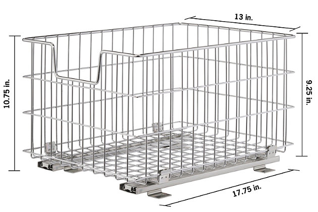 TRINITY's Sliding Wire Basket is a great addition to any kitchen or storage area. Add this basket to any 13" or wider cabinet and get instant pull-out access to your items. This basket will add convenience, accessibility, and visibility to all your items.  One pair of slides is included and all hardware is provided for mounting in a cabinet or on a wire shelf.Chrome | Sliding Wire Basket (2-pack) | Basket can be attached to cabinets (both kitchen and bath) 13" or wider | Basket can be attached to wire shelving 18" deep | Weight capacity on slides (evenly distributed): 50 lb total weight | (1) - Pair of 15.75" long slides | Mounting hardware included