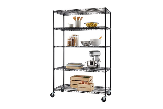 TRINITY's NSF certified heavy-duty commercial grade wire shelving rack is perfect for any industrial, home, garage, or kitchen use. With an 800 lb weight capacity per shelf on feet levelers, it can hold your boxes, cookware, tools, and everything in between. Assembly requires no tools and uses a slip-sleeve locking system which allows shelves to be adjusted in 1-inch increments.NSF certified Certified for indoor/outdoor use, wet/dry environments and freezer storage | Black powder-coated finish | (5) - Commercial-grade 48" x 24" shelves | Weight capacity on wheels (evenly distributed): 160 lb per shelf / 800 lb total | Weight capacity on feet levelers (evenly distributed): 800 lb per shelf / 4,000 lb total | (4) - 4" x 1" swivel wheels - (2) locking, (2) non-locking | Shelves adjustable in 1" increments | Easy, no tool assembly