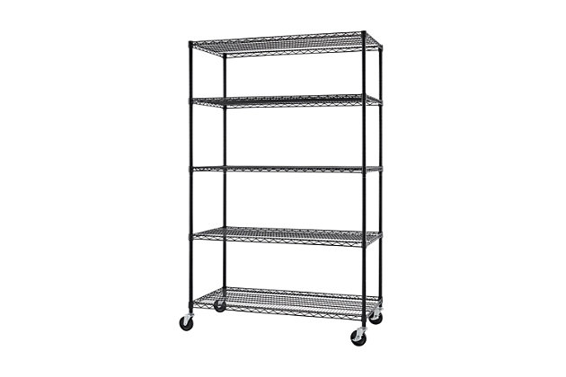TRINITY's NSF certified heavy-duty commercial grade wire shelving rack is perfect for any industrial, home, garage, or kitchen use. With an 800 lb weight capacity per shelf on feet levelers, it can hold your boxes, cookware, tools, and everything in between. Assembly requires no tools and uses a slip-sleeve locking system which allows shelves to be adjusted in 1-inch increments.NSF certified Certified for indoor/outdoor use, wet/dry environments and freezer storage | Black powder-coated finish | (5) - Commercial-grade 48" x 24" shelves | Weight capacity on wheels (evenly distributed): 160 lb per shelf / 800 lb total | Weight capacity on feet levelers (evenly distributed): 800 lb per shelf / 4,000 lb total | (4) - 4" x 1" swivel wheels - (2) locking, (2) non-locking | Shelves adjustable in 1" increments | Easy, no tool assembly