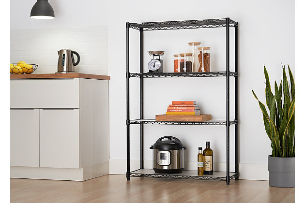 TRINITY's NSF-certified consumer-grade wire shelving rack is perfect for any kitchen or home use. With a 350 lb weight capacity per shelf on feet levelers, it can hold any of your books, kitchenware, or household items. Assembly requires no tools, and uses a slip-sleeve locking system allowing personal configuration. Includes shelf liners to prevent smaller items from falling through the shelves.NSF certified | Black powder-coated finish | (4) - Consumer-grade 36" x 14" shelves | Weight capacity on feet levelers (evenly distributed): 350 lb per shelf / 1,400 lb total | (4) - Pre-cut shelf liners - Prevents items from falling through the cracks | Shelves adjustable in 1" increments | Easy, no tool assembly