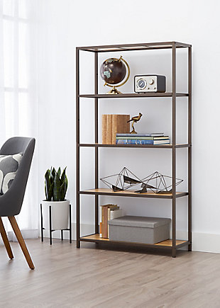 TRINITY's 5-Tier Bamboo Shelving Rack is decorative storage with a sturdy and functional design. The clean modern lines with bronze anthracite finish and natural bamboo shelves, makes this shelving rack perfect to blend with furniture and a variety of decors.  The shelf height can be customized in 7" increments to store items of all sizes.  Designed with an easy, no tool assembly.Bronze Anthracite® - Textured duo-tone finish with a modern touch for your indoor spaces | Solid bamboo boards | (2) - 30.4" x 12" bamboo shelves: 75 lb weight capacity per shelf | (3) - 30.4" x 12" adjustable bamboo shelf: 75 lb weight capacity per shelf | Weight capacity on feet levelers (evenly distributed): 375 lb total weight | Shelf adjustable in 7" increments | Easy, no tool assembly
