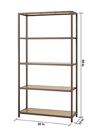 TRINITY's 5-Tier Bamboo Shelving Rack is decorative storage with a sturdy and functional design. The clean modern lines with bronze anthracite finish and natural bamboo shelves, makes this shelving rack perfect to blend with furniture and a variety of decors.  The shelf height can be customized in 7" increments to store items of all sizes.  Designed with an easy, no tool assembly.Bronze Anthracite® - Textured duo-tone finish with a modern touch for your indoor spaces | Solid bamboo boards | (2) - 30.4" x 12" bamboo shelves: 75 lb weight capacity per shelf | (3) - 30.4" x 12" adjustable bamboo shelf: 75 lb weight capacity per shelf | Weight capacity on feet levelers (evenly distributed): 375 lb total weight | Shelf adjustable in 7" increments | Easy, no tool assembly