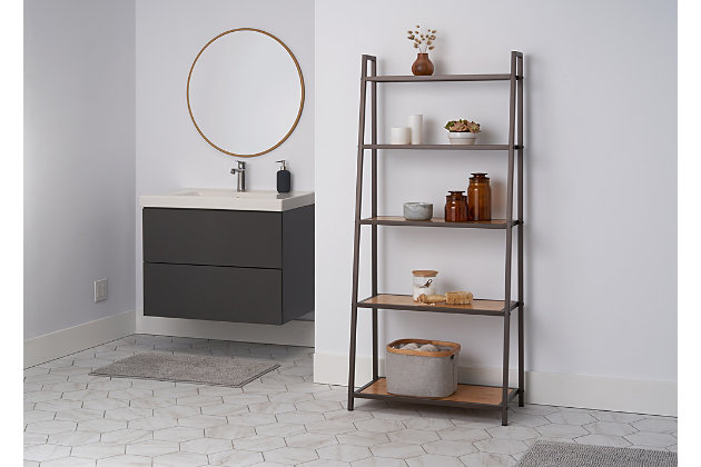 TRINITY's Leaning Bamboo Rack is the ideal blend of quality, design, and function. The clean modern lines with bronze anthracite finish and natural bamboo colored shelves, makes this stylish rack perfect to blend with furniture and a variety of decors. The shelves gradually increase in depth to ensure you have room to store items of all shapes and sizes.  Designed with an easy, no tool assembly.Bronze Anthracite® - Textured duo-tone finish with a modern touch for your indoor spaces | Solid bamboo boards | (1) - 25.4" x 6.1" bamboo shelf: 45 lb weight capacity | (1) - 25.4" x 7.8" bamboo shelf: 55 lb weight capacity | (1) - 25.4" x 9.6" bamboo shelf: 65 lb weight capacity | (1) - 25.4" x 11.5" bamboo shelf: 75 lb weight capacity | (1) - 25.4" x 13.6" bamboo shelf: 85 lb weight capacity | Weight capacity on feet levelers (evenly distributed): 325 lb total weight | Easy, no tool assembly