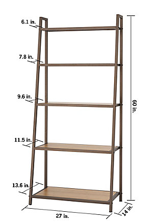 TRINITY's Leaning Bamboo Rack is the ideal blend of quality, design, and function. The clean modern lines with bronze anthracite finish and natural bamboo colored shelves, makes this stylish rack perfect to blend with furniture and a variety of decors. The shelves gradually increase in depth to ensure you have room to store items of all shapes and sizes.  Designed with an easy, no tool assembly.Bronze Anthracite® - Textured duo-tone finish with a modern touch for your indoor spaces | Solid bamboo boards | (1) - 25.4" x 6.1" bamboo shelf: 45 lb weight capacity | (1) - 25.4" x 7.8" bamboo shelf: 55 lb weight capacity | (1) - 25.4" x 9.6" bamboo shelf: 65 lb weight capacity | (1) - 25.4" x 11.5" bamboo shelf: 75 lb weight capacity | (1) - 25.4" x 13.6" bamboo shelf: 85 lb weight capacity | Weight capacity on feet levelers (evenly distributed): 325 lb total weight | Easy, no tool assembly